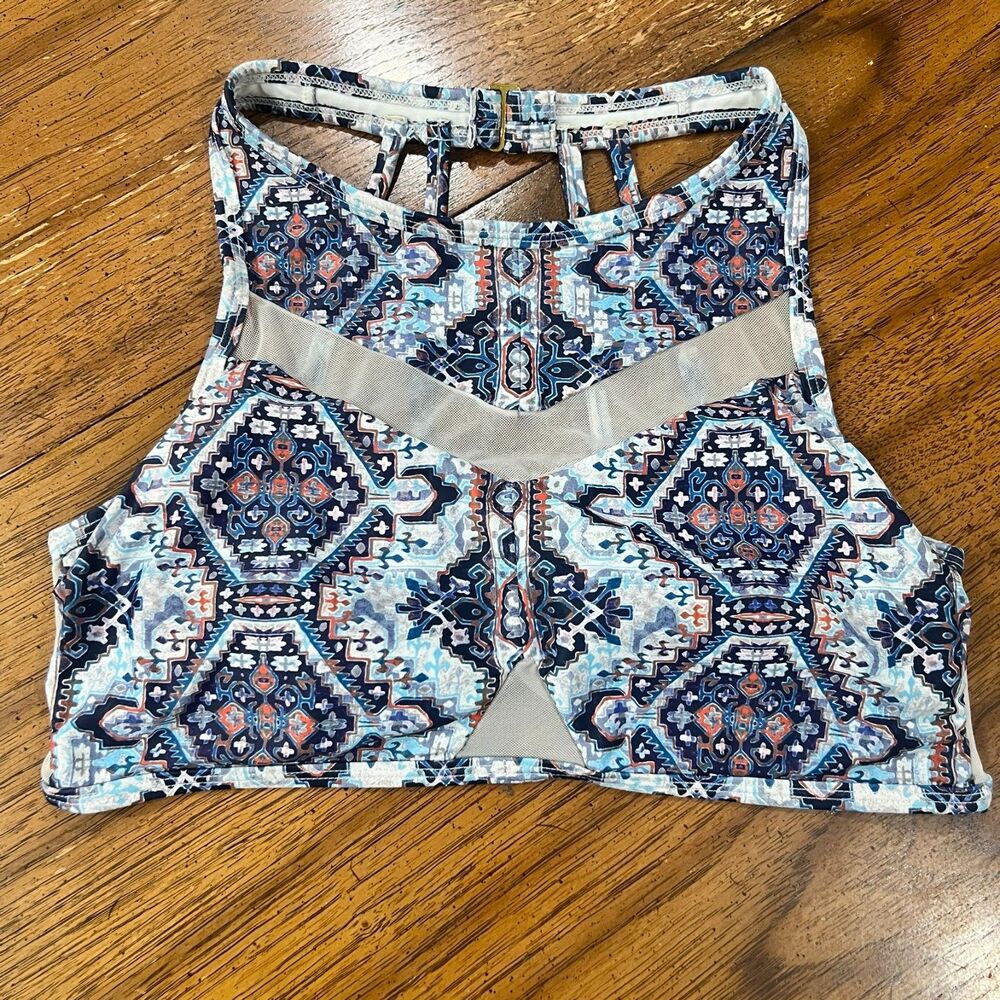 Swimsuits For All Blue Geometric High Neck Bikini Top Mesh Cutout Size 14